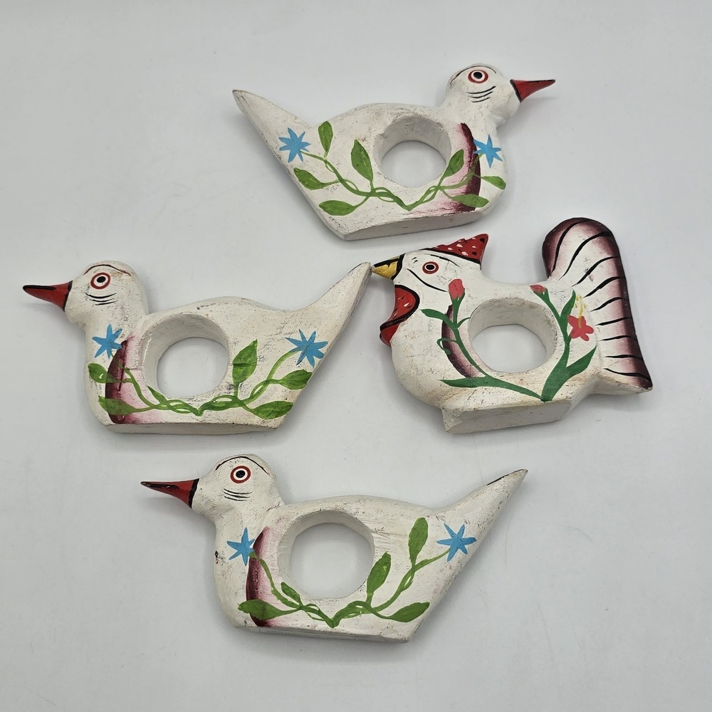 Lot Of 4 Hand Painted Artisan Folk‎ Art Chicken Bird Wooden Napkin Ring Holder